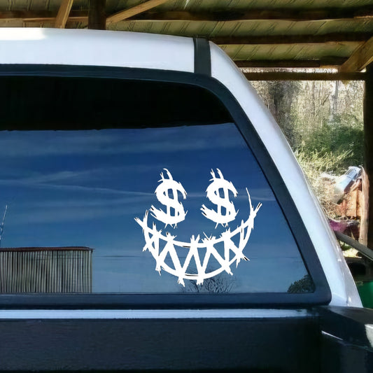 Dollar sign eyes with evil grin decal. Money decal for car or truck window. Bumper sticker. Multiple sizes and colors