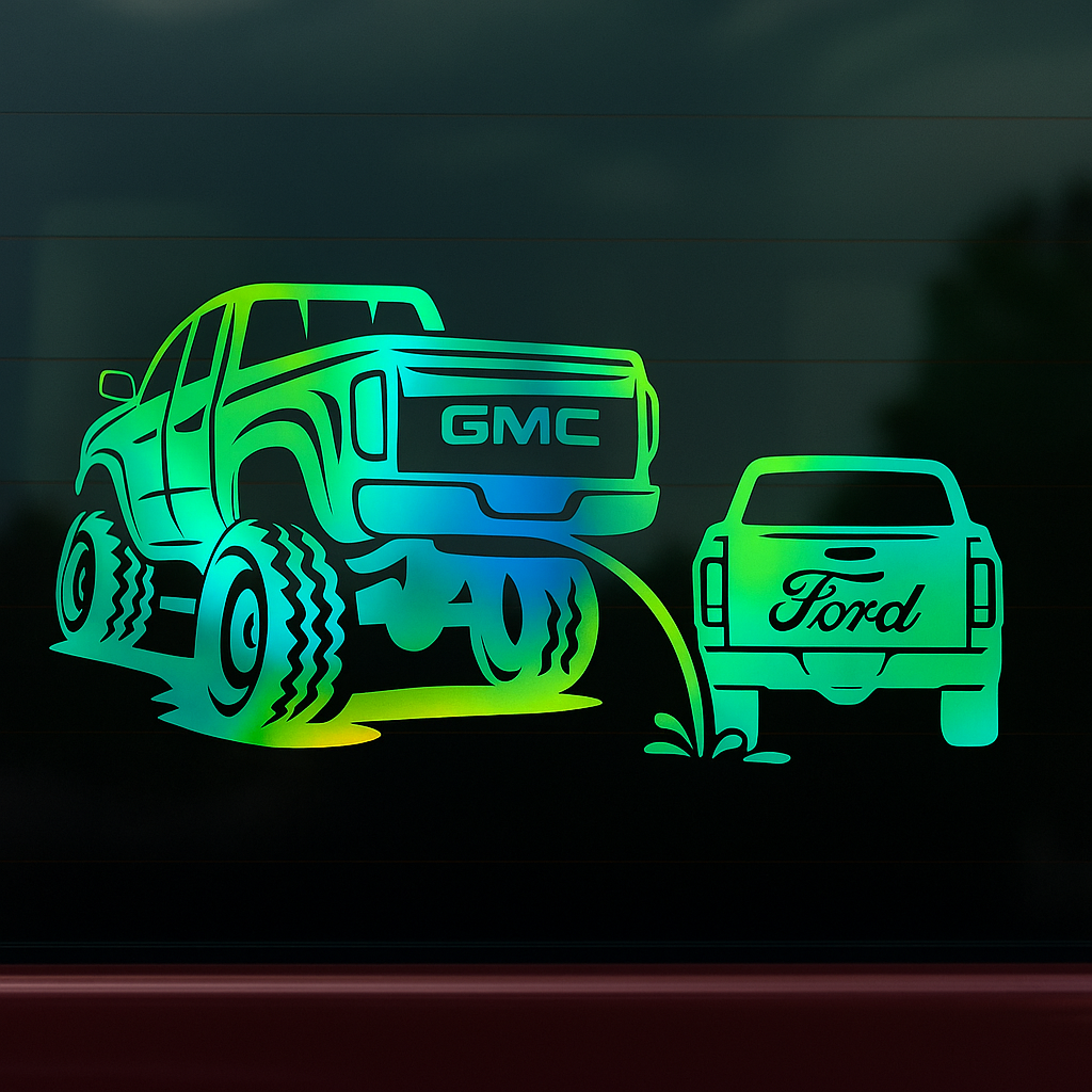 Gmc pee on ford classic funny decal 10x5.5 inches with multiple colors to choose from.