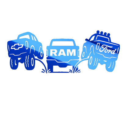 Chevy and Ford pee on Ram decal. Funny classic redesign sticker for trucks.