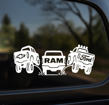 Chevy and Ford pee on Ram decal. Funny classic redesign sticker for trucks.