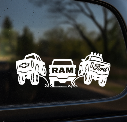 Chevy and Ford pee on Ram decal. Funny classic redesign sticker for trucks.