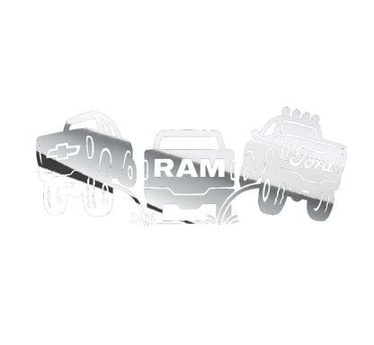 Chevy and Ford pee on Ram decal. Funny classic redesign sticker for trucks.