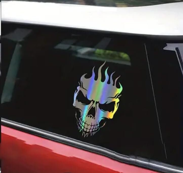 Fire skull holographic laser car truck window decal. evil decal