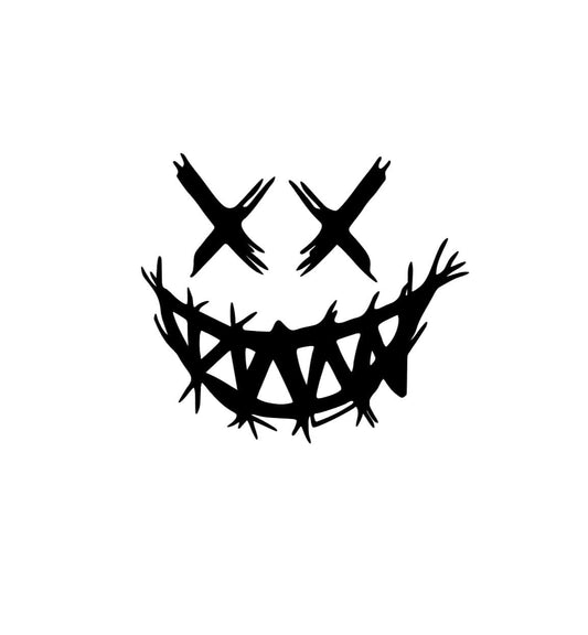 Evil smiling face, x eyes grinning car or truck decal